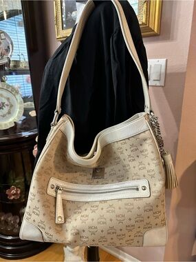 MCM Beige Logo Canvas Shoulder Hobo with Cream Trim
